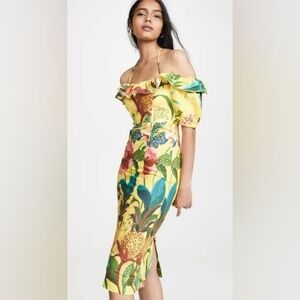 FARM Rio Vibrant Yellow Tropical Floral Midi Dress Size S